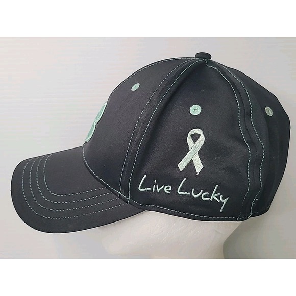 Black Clover Live Lucky Black Hat w/ Mint Green Cancer Ribbon Embroidery Fitted - Picture 2 of 8